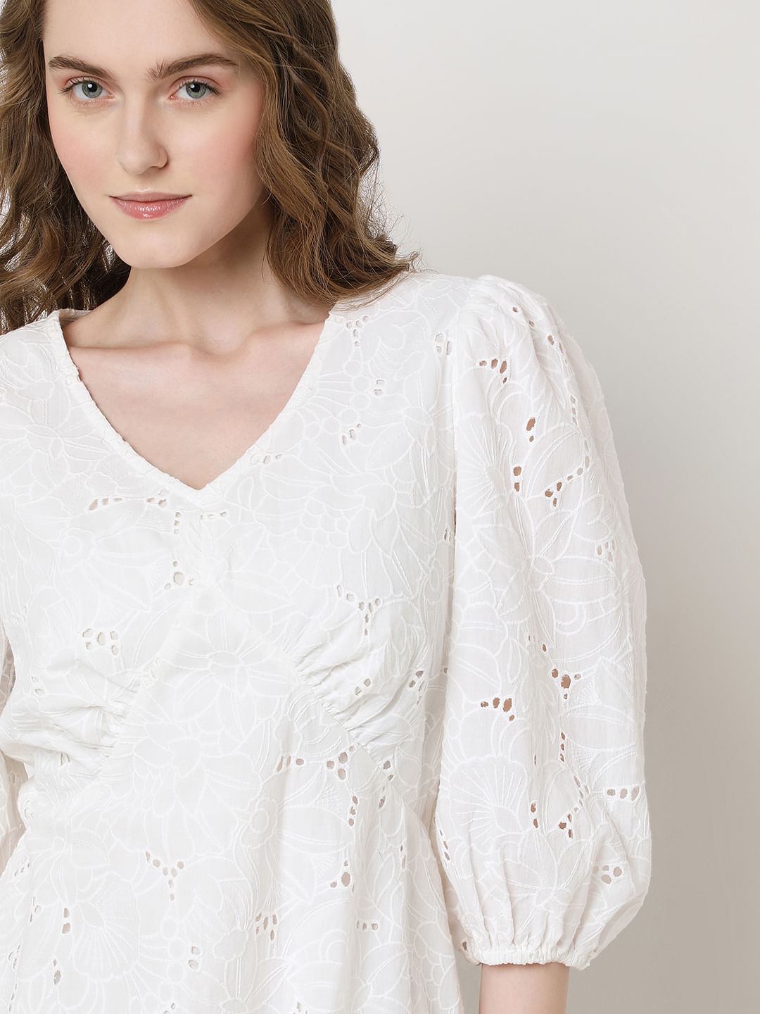 White Schiffli Cotton Mini Dress