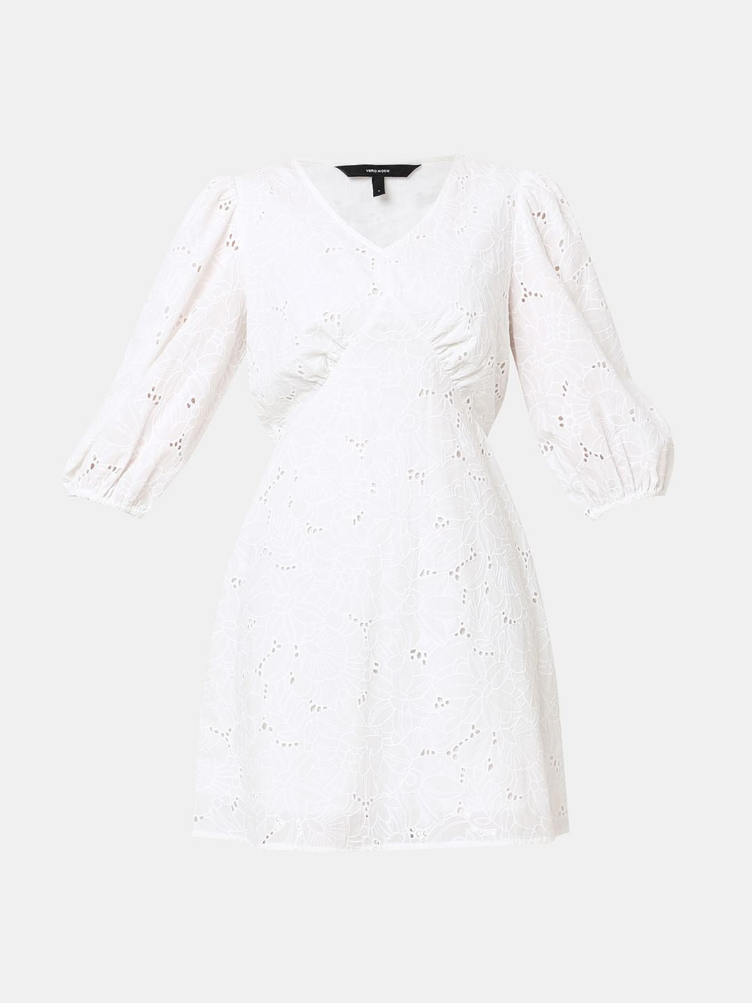White Schiffli Cotton Mini Dress