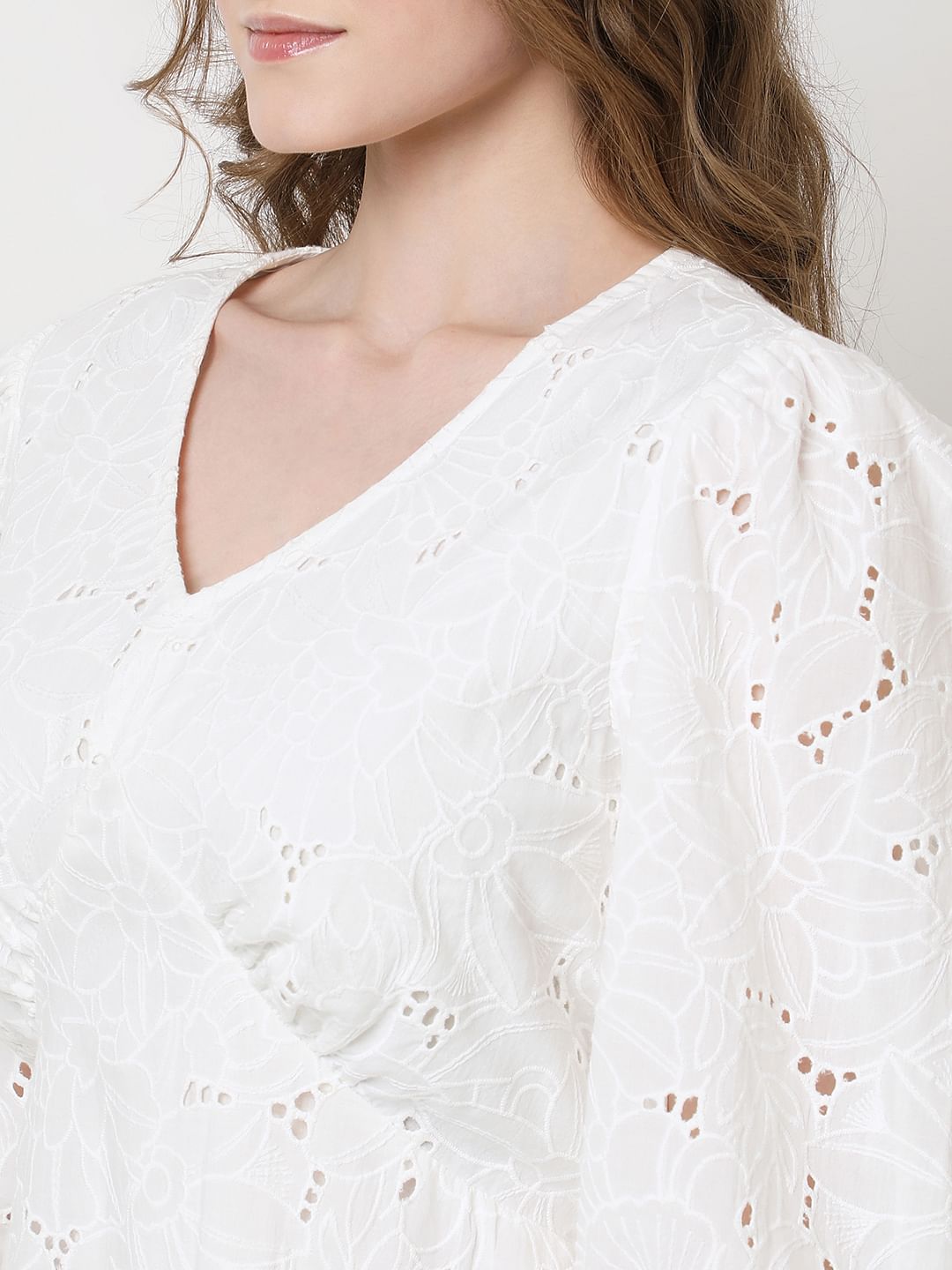 White Schiffli Cotton Mini Dress