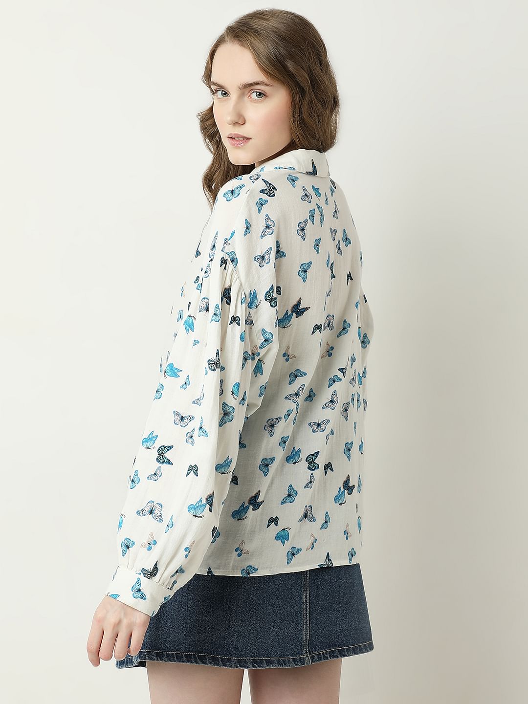 White Butterfly Print Shirt