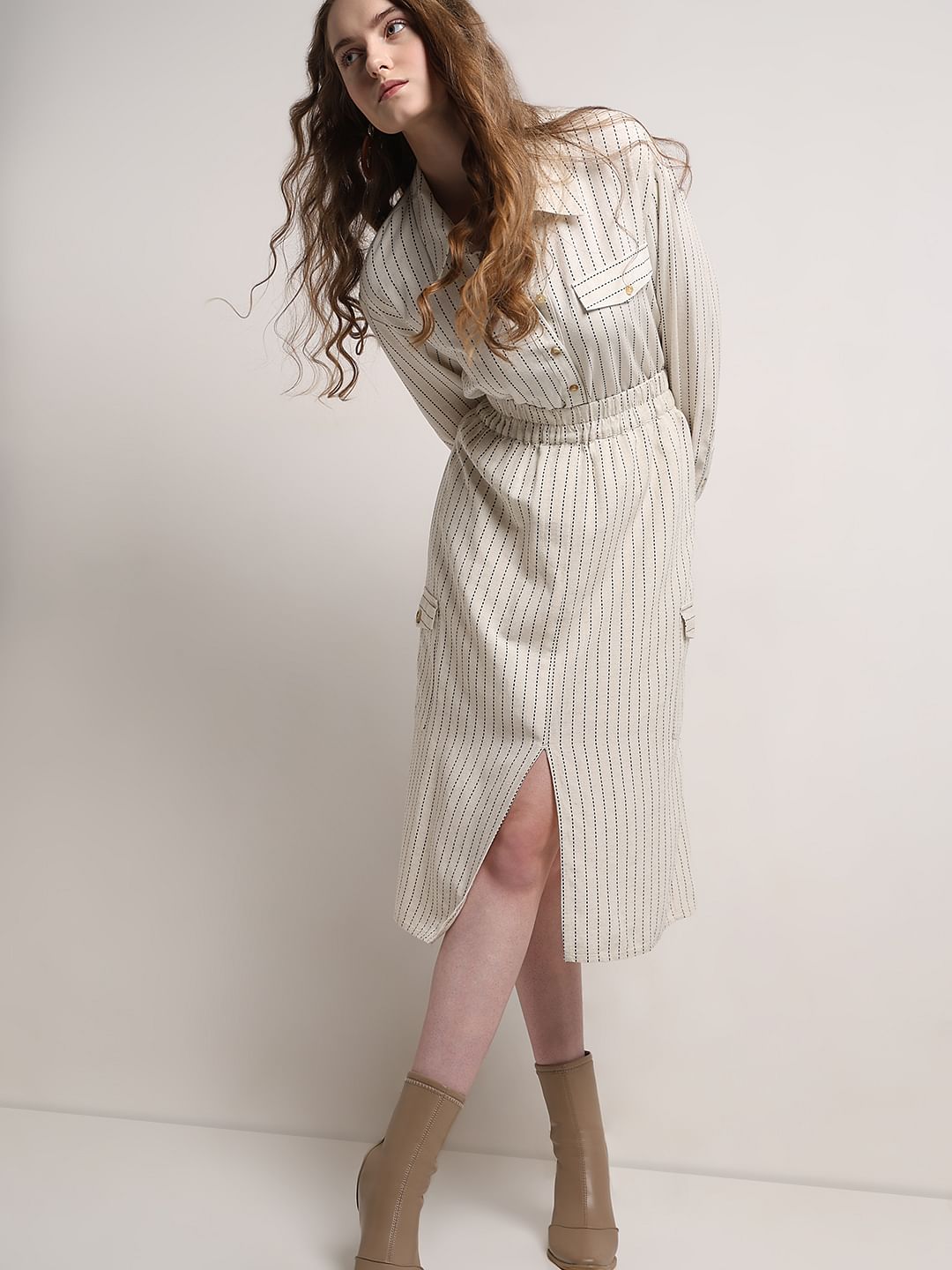 Beige Striped Co-Ord Set Skirt