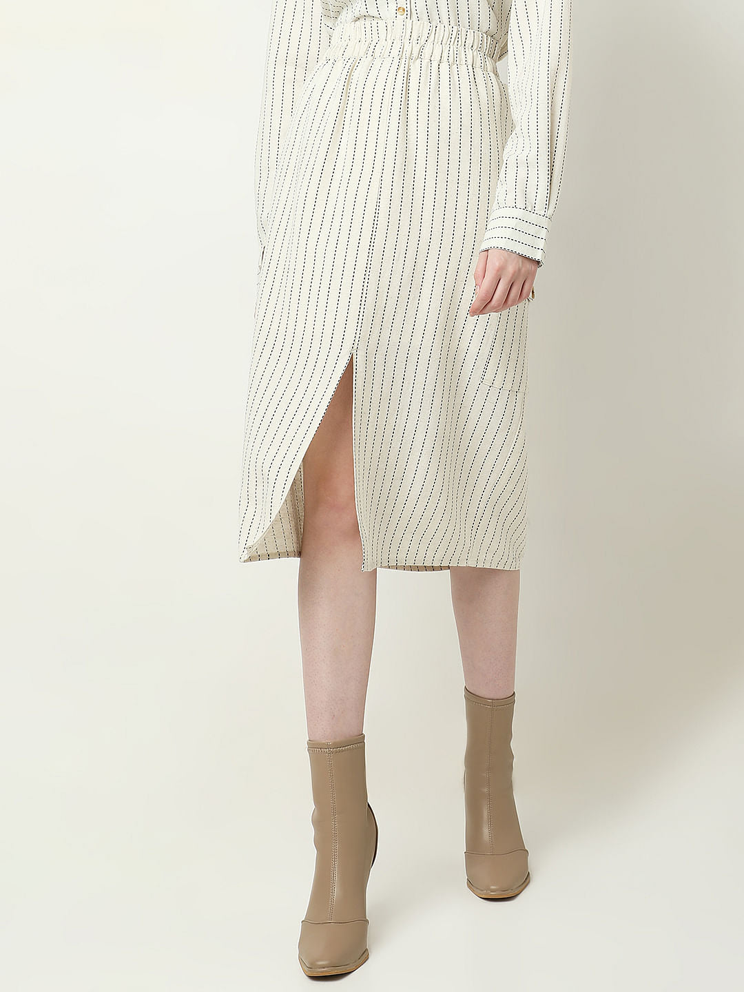 Beige Striped Co-Ord Set Skirt