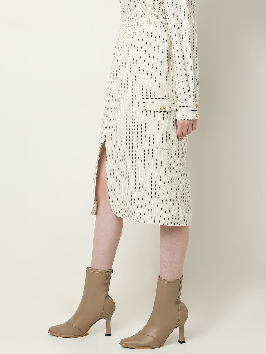 Beige Striped Co-Ord Set Skirt