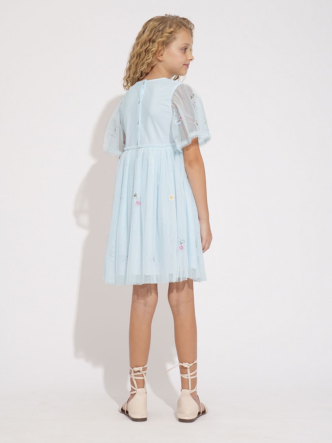 Girls Light Blue Tulle Embroidered Dress
