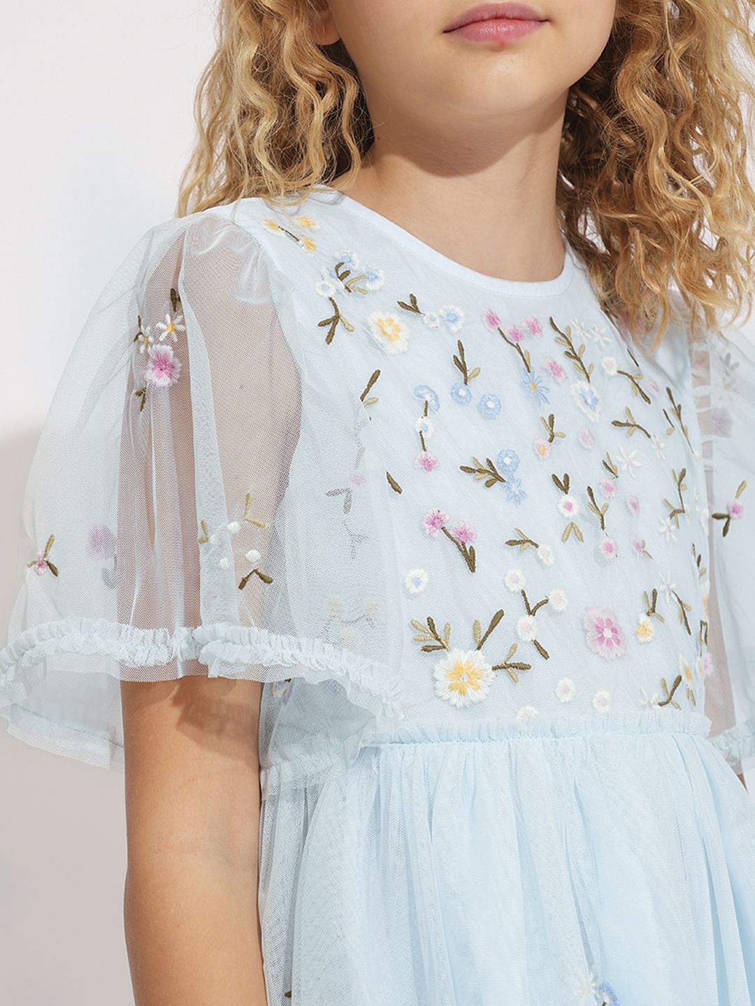 Girls Light Blue Tulle Embroidered Dress