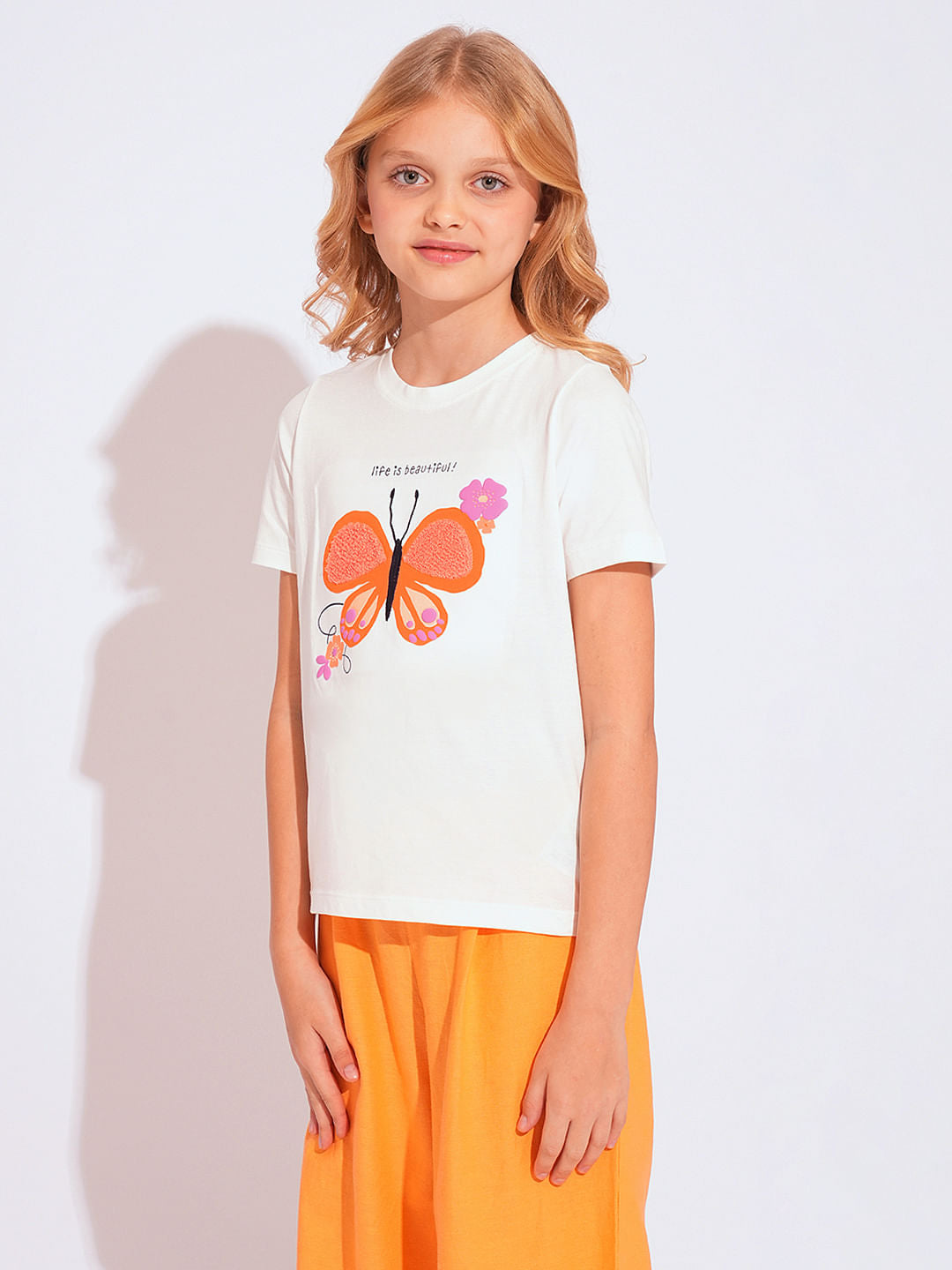 Girls White Terry Embroidered Print T-Shirt