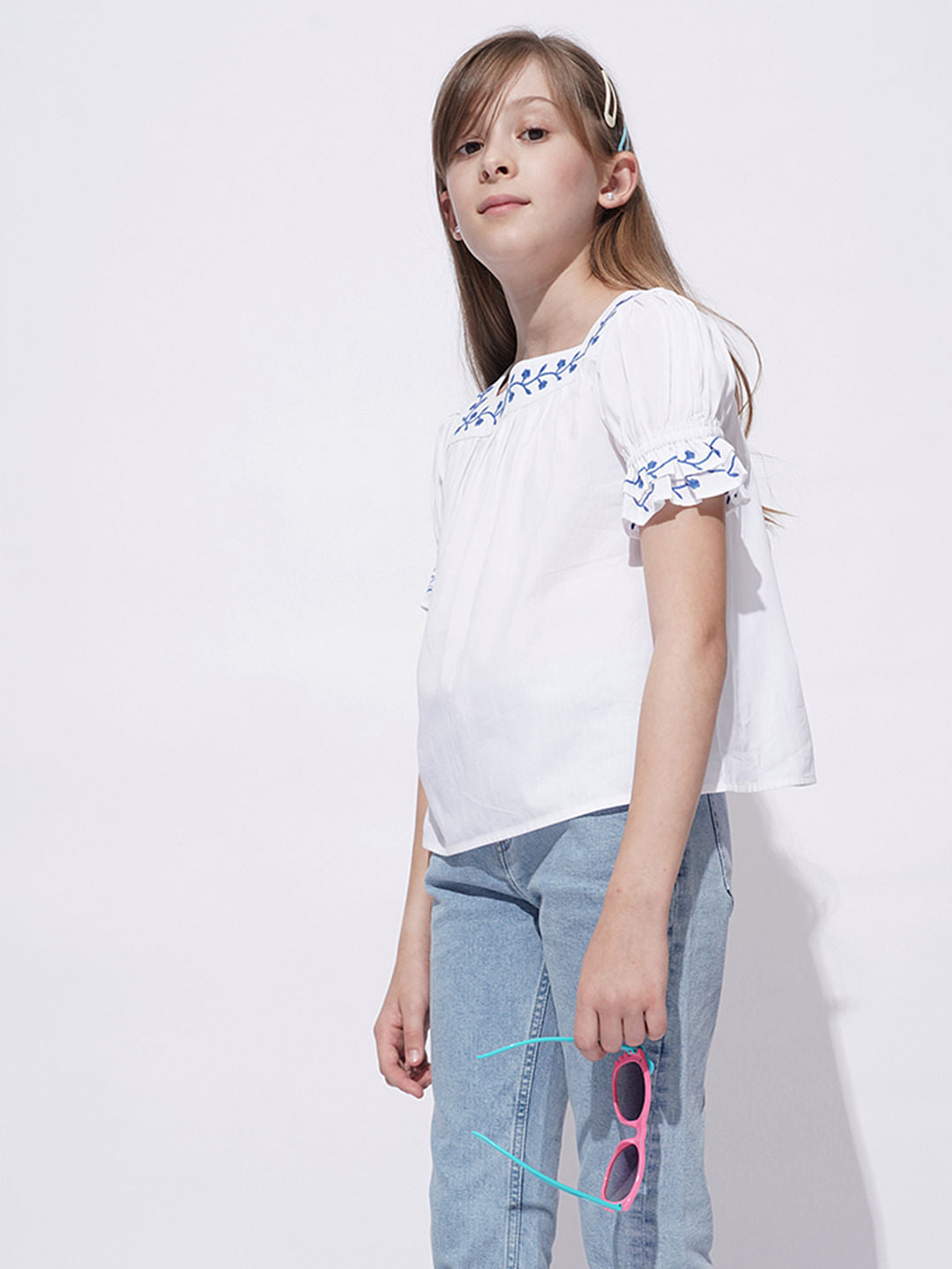 Girls White Embroidered Top