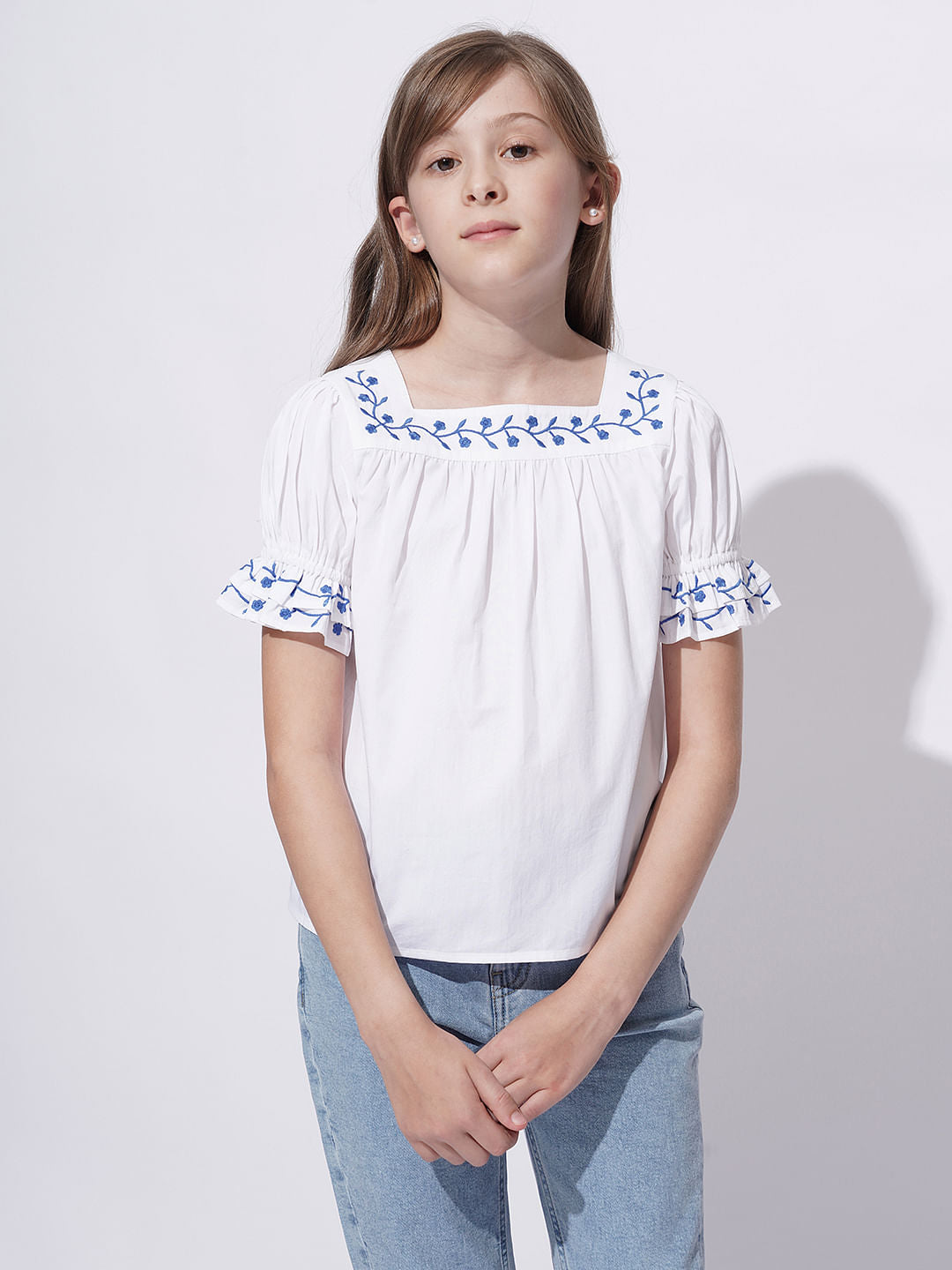 Girls White Embroidered Top