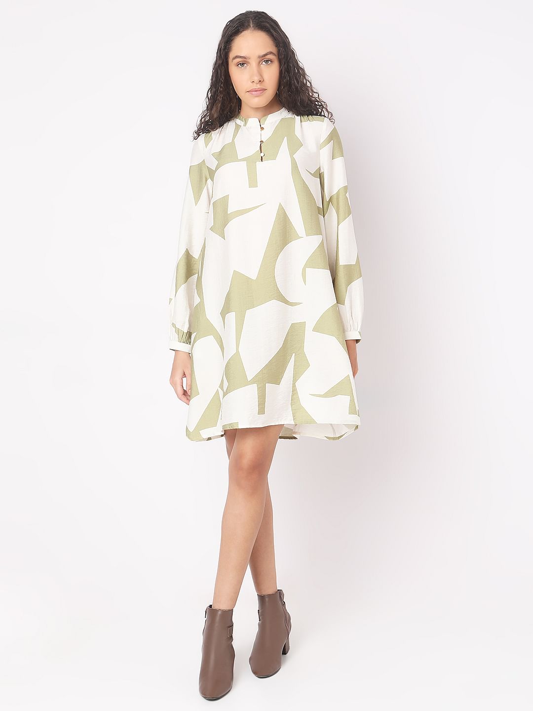 Beige Abstract Print Shift Dress