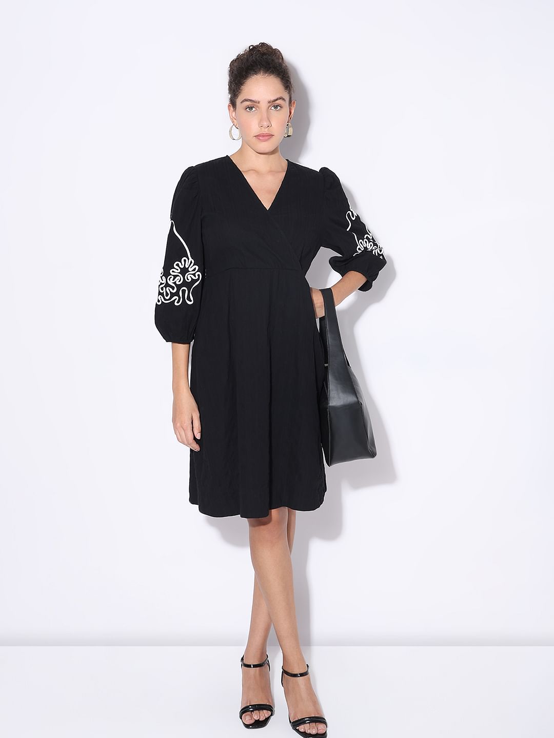 Black Puff Sleeves Cotton Dress
