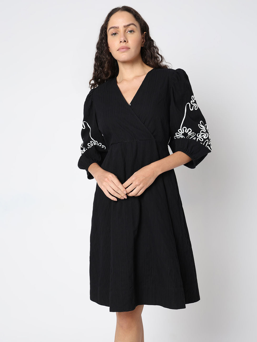 Black Puff Sleeves Cotton Dress