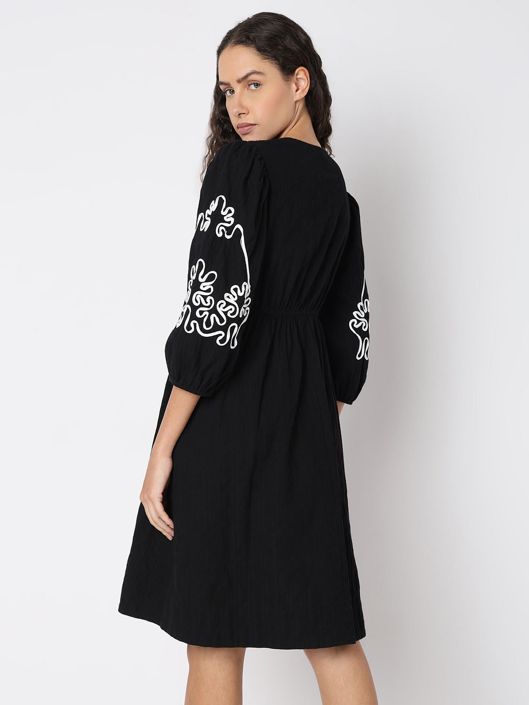 Black Puff Sleeves Cotton Dress