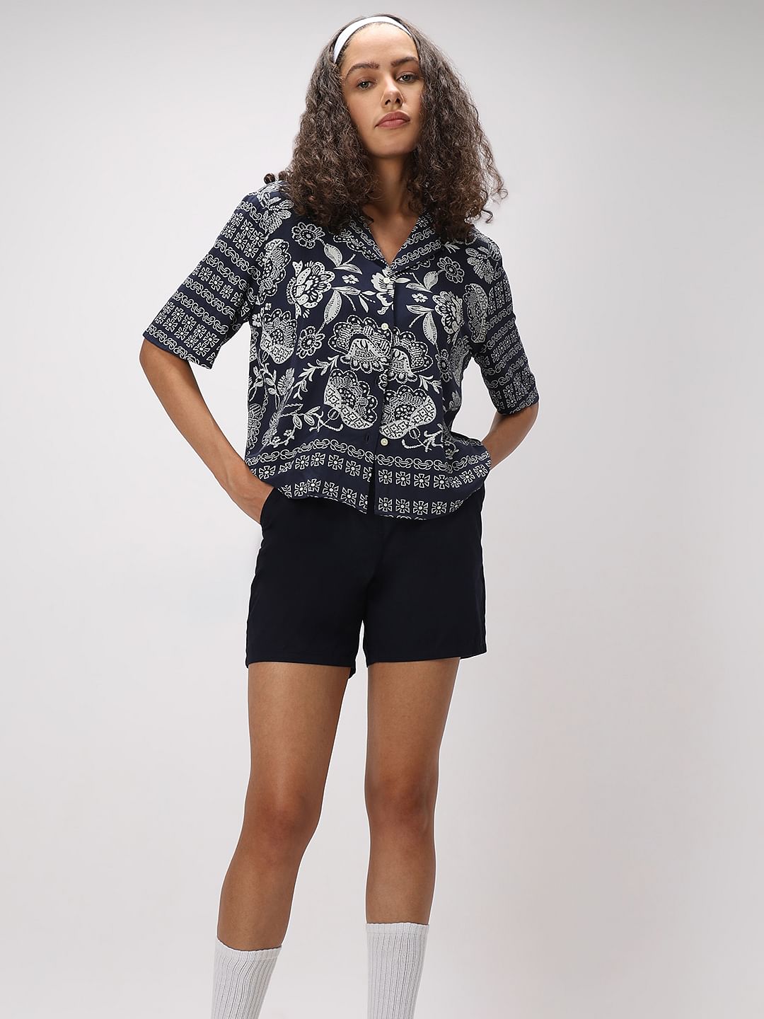 Navy Blue Printed Viscose Shirt