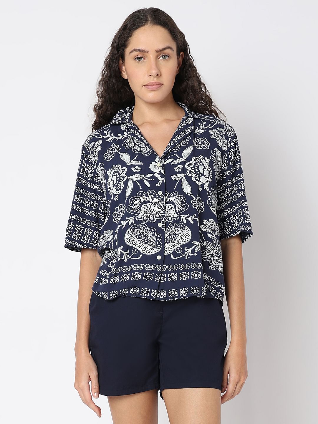 Navy Blue Printed Viscose Shirt