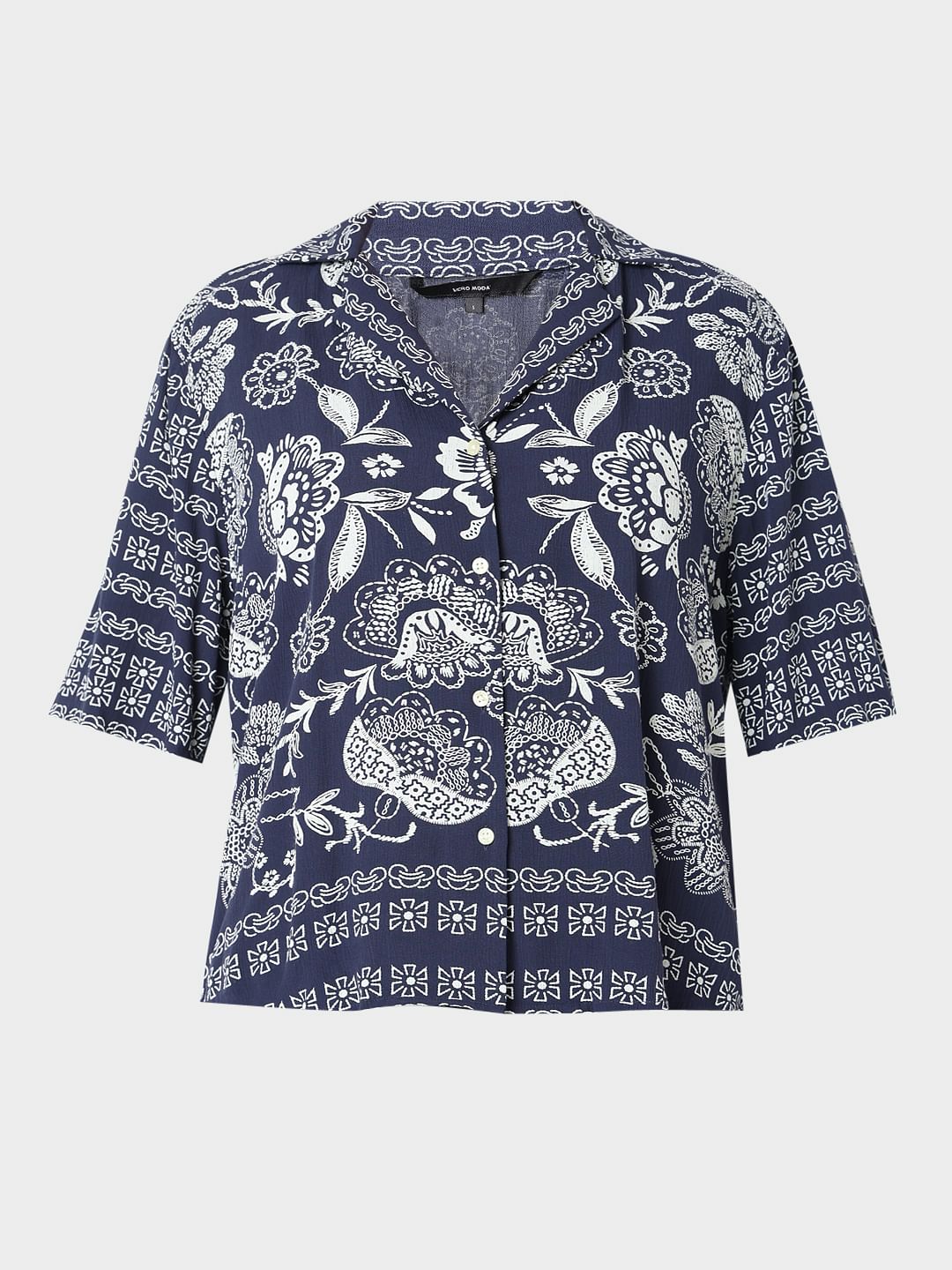 Navy Blue Printed Viscose Shirt