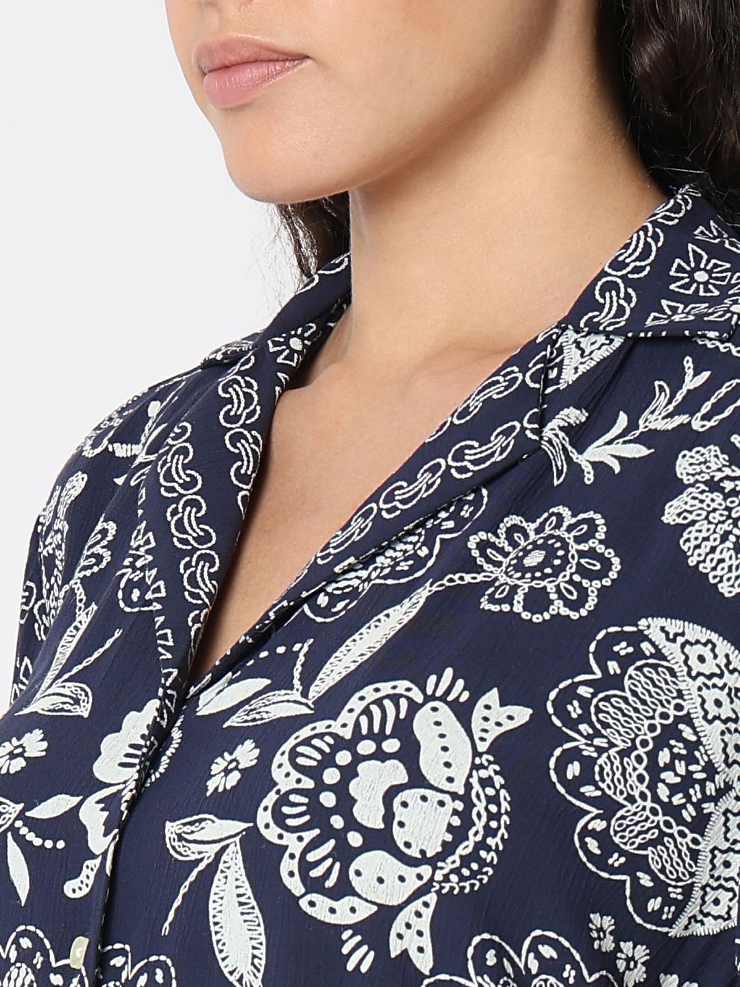 Navy Blue Printed Viscose Shirt