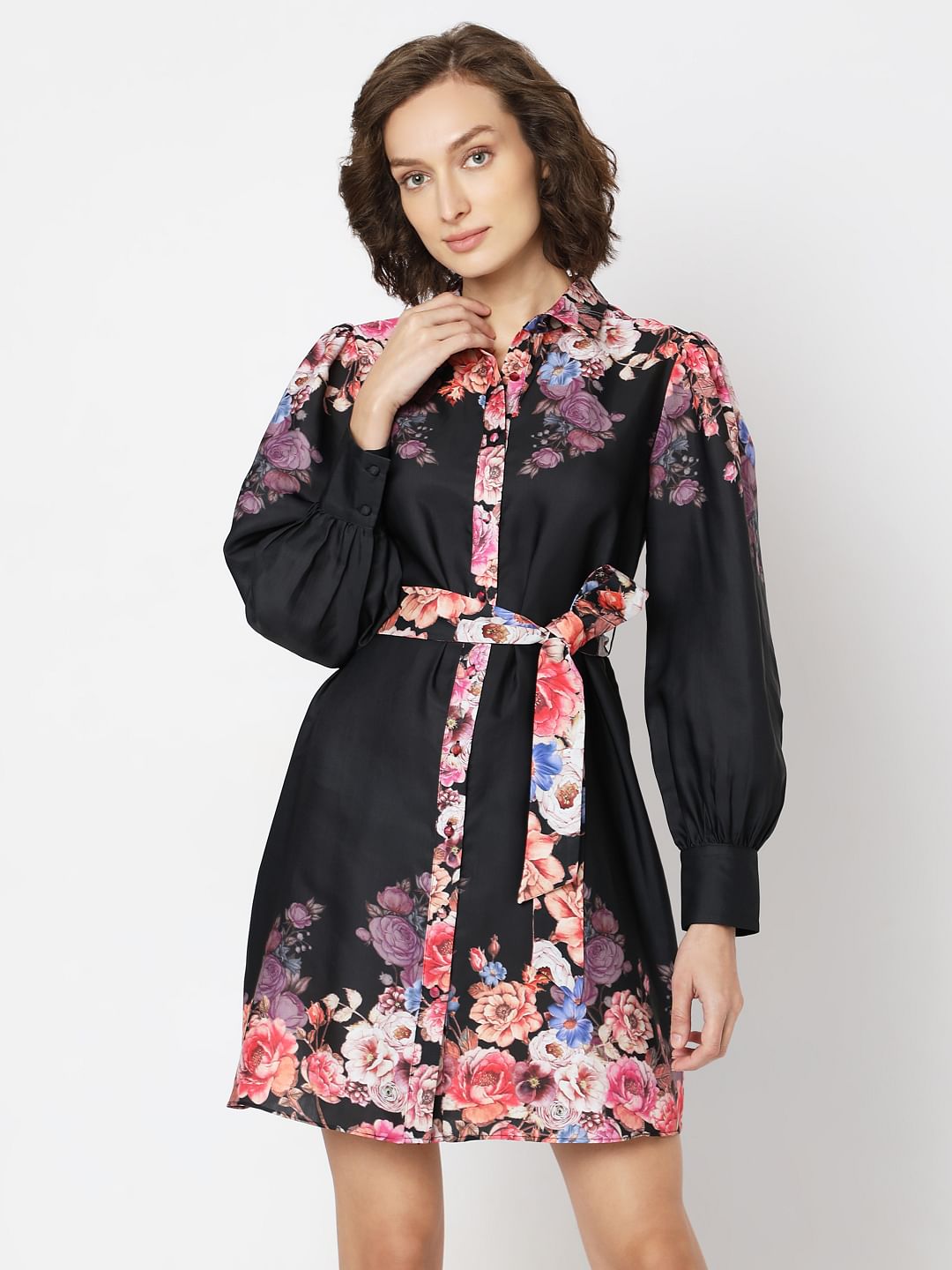 Black Floral Print Short Shirt Dress
