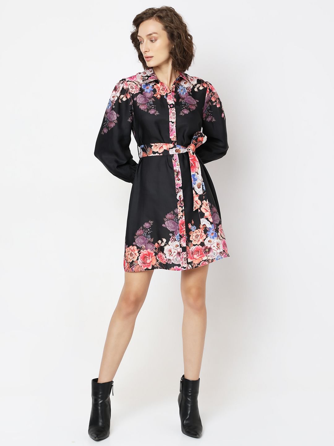 Black Floral Print Short Shirt Dress