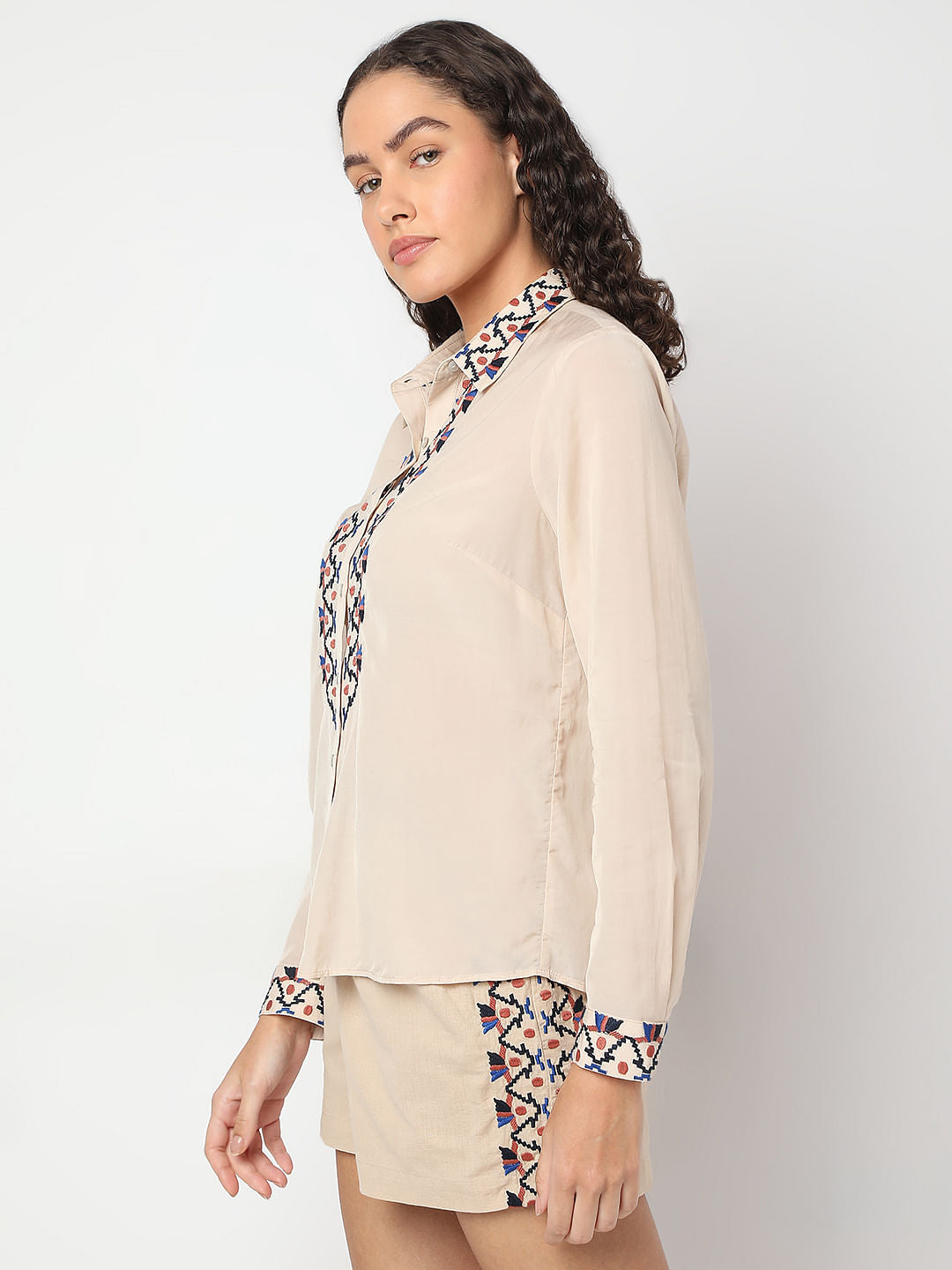 Beige Printed Co-Ord Set Shirt