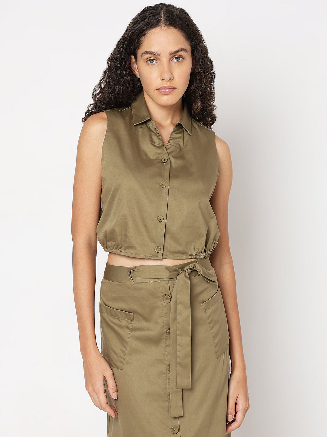 Green Sleeveless Co-Ord Set Shirt
