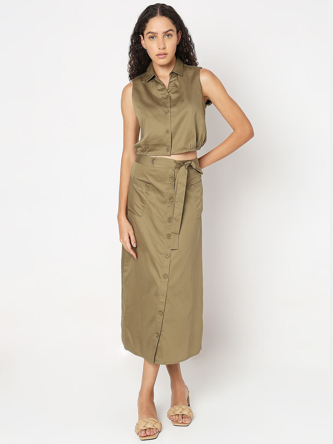 Green Sleeveless Co-Ord Set Shirt