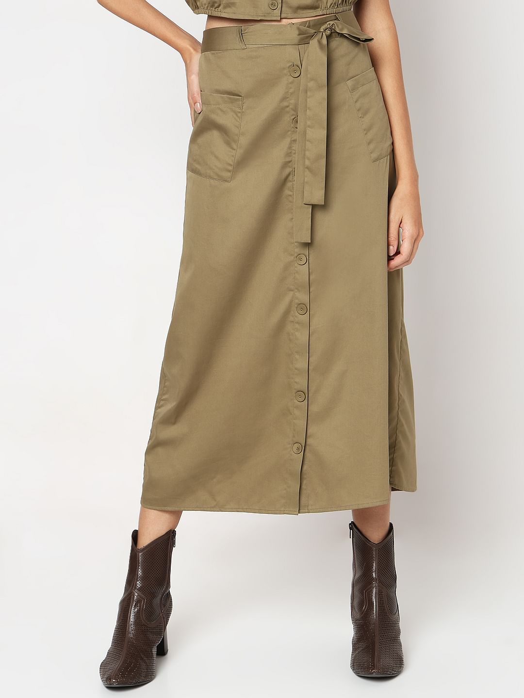 Green High Rise Midi Skirt