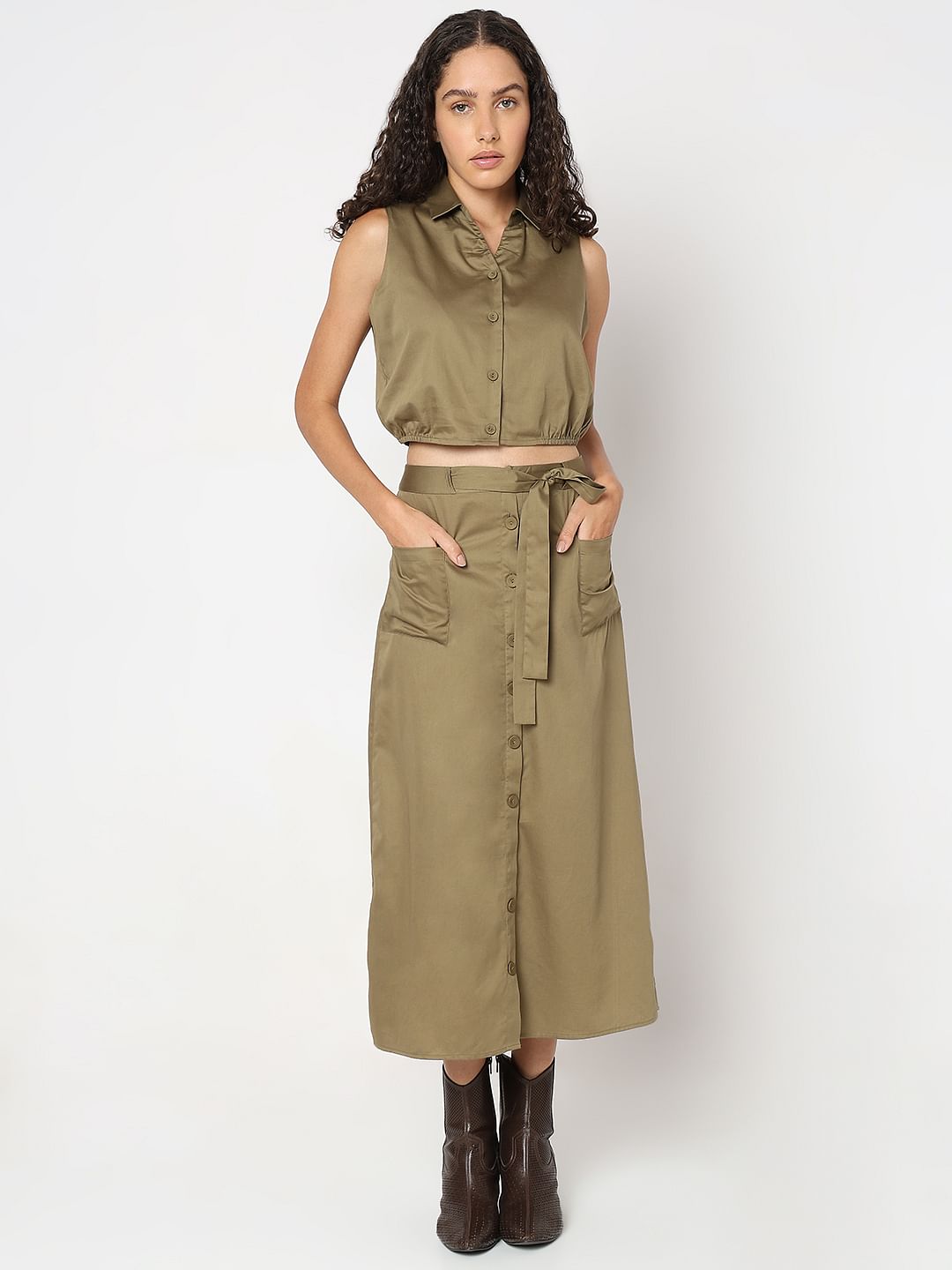 Green High Rise Midi Skirt