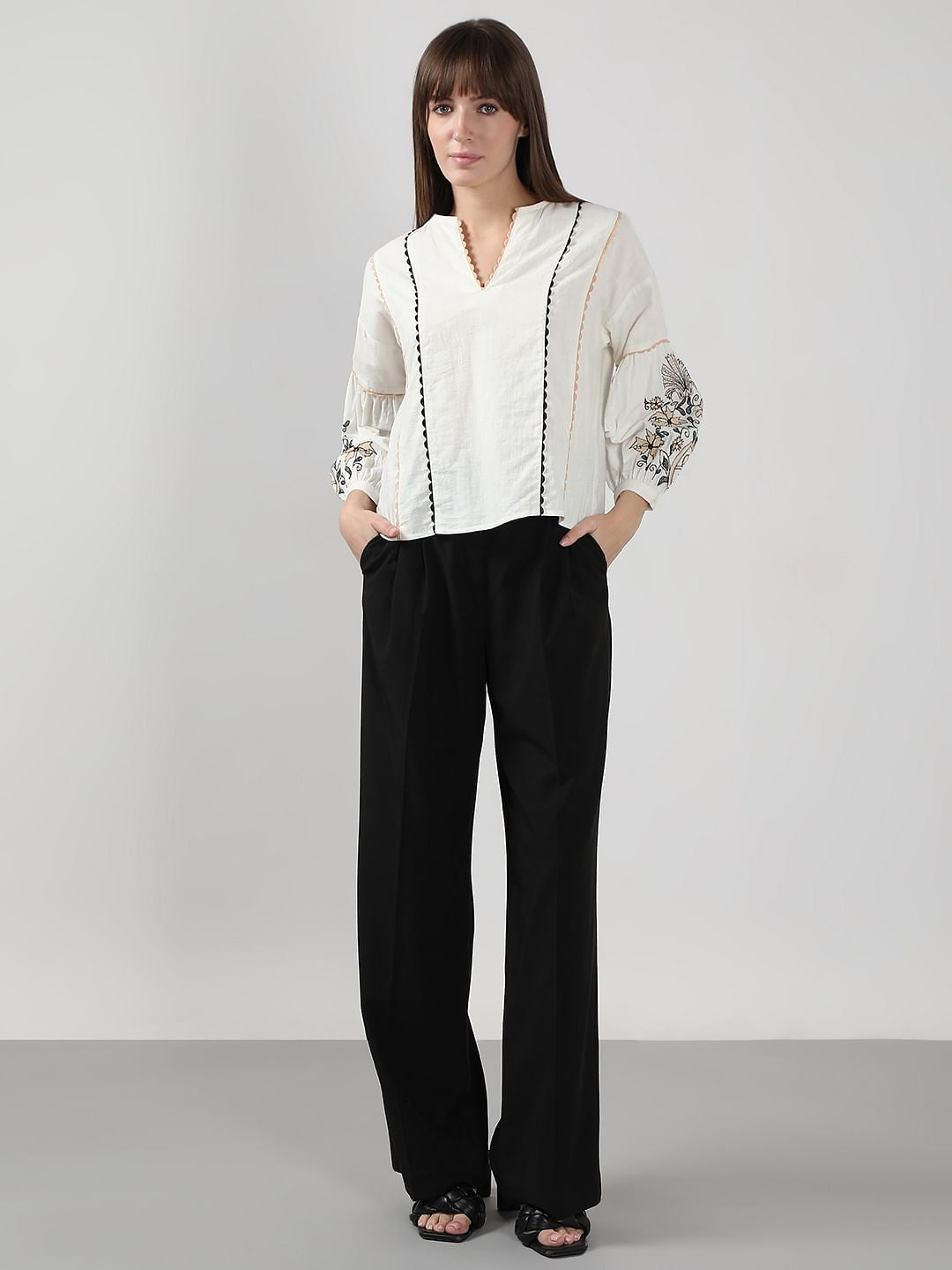 White Printed Puff Sleeves Top