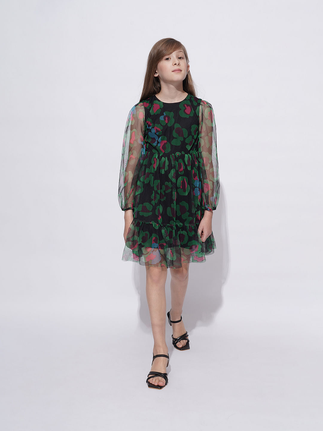 Girls Black Floral Mesh Dress