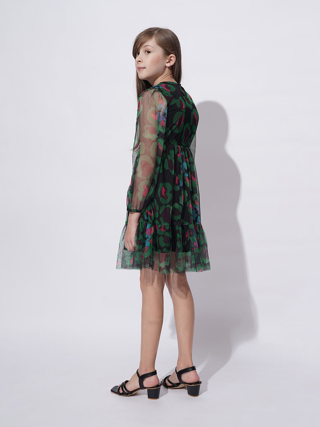 Girls Black Floral Mesh Dress