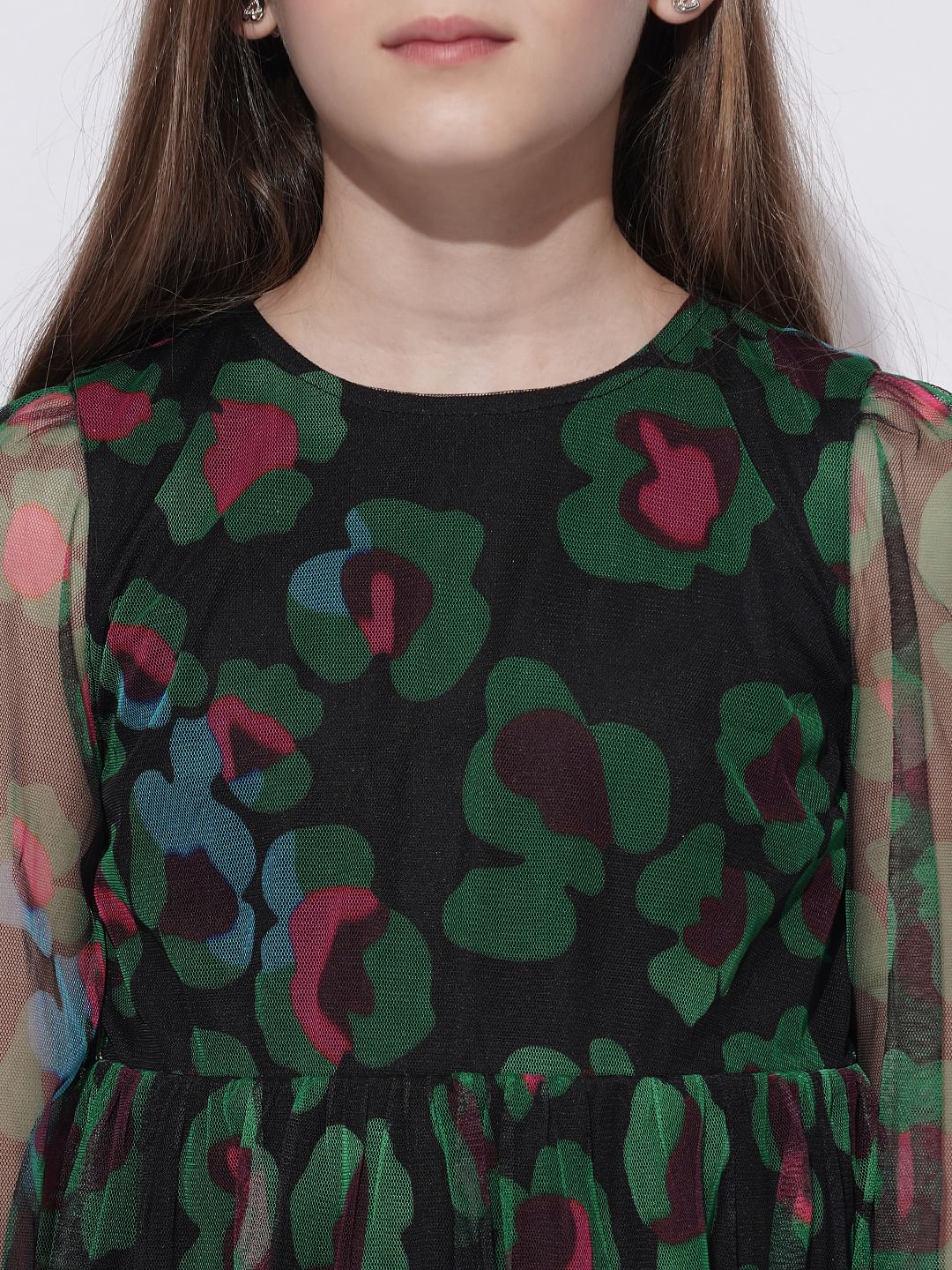 Girls Black Floral Mesh Dress