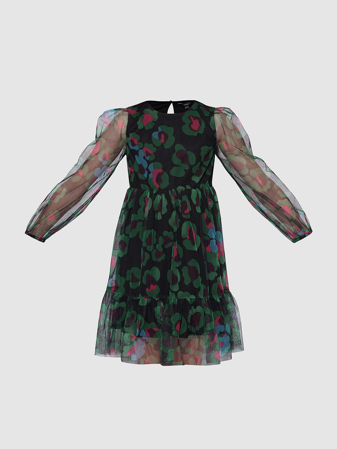 Girls Black Floral Mesh Dress