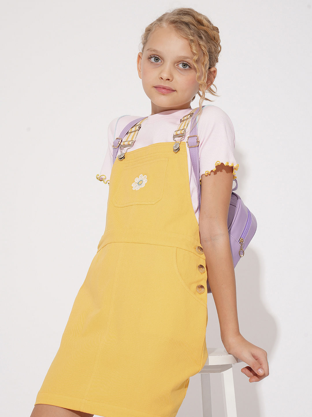 Girls Yellow Floral Dungaree