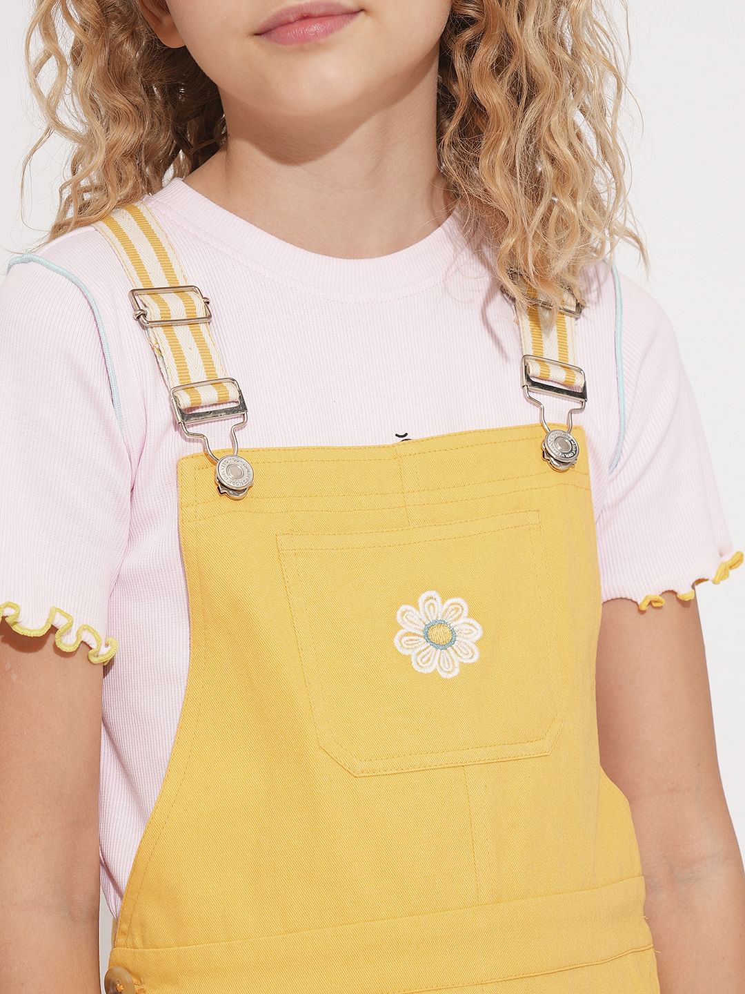 Girls Yellow Floral Dungaree