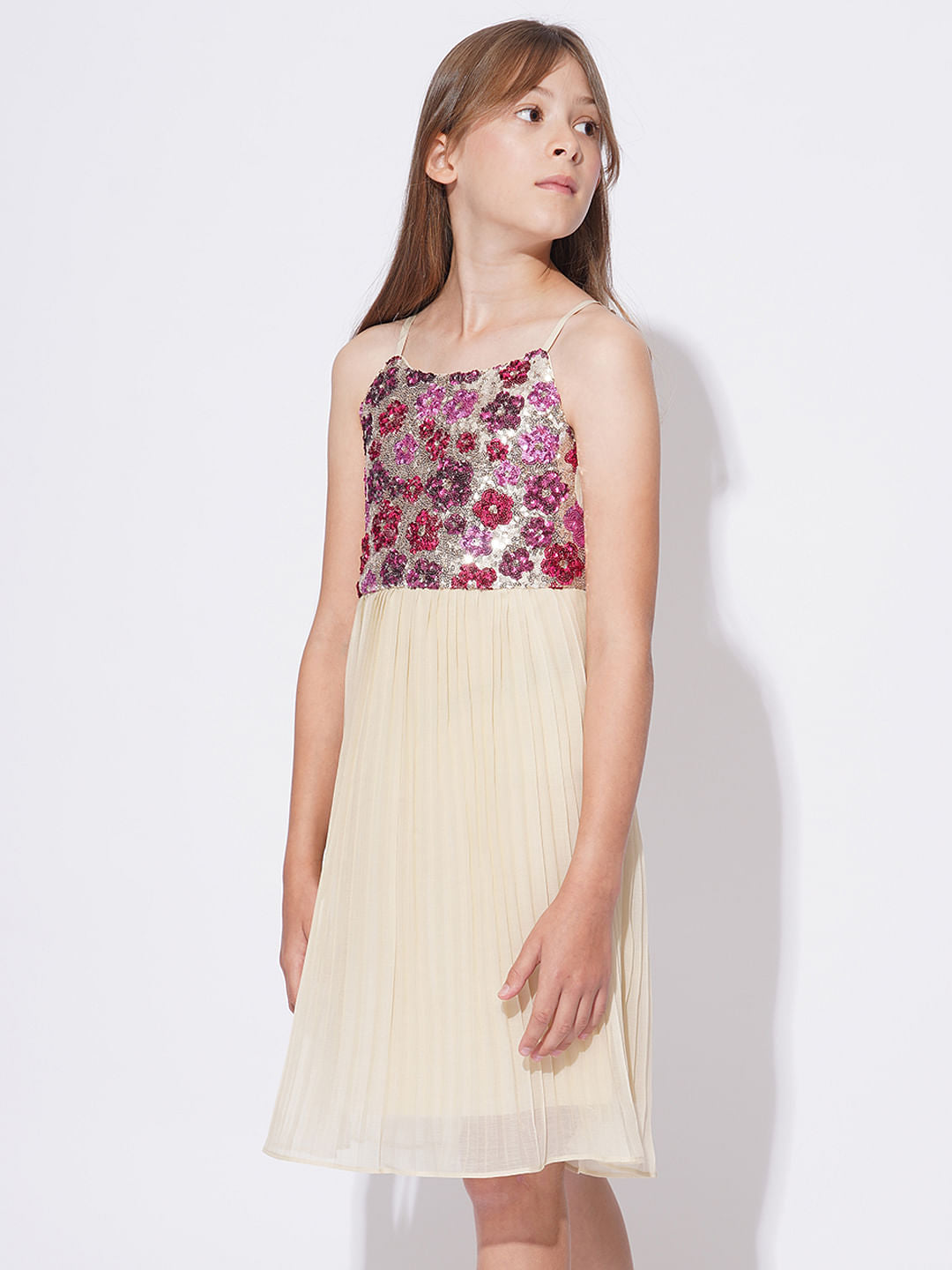 Girls Peach Embellished Pleated Dress