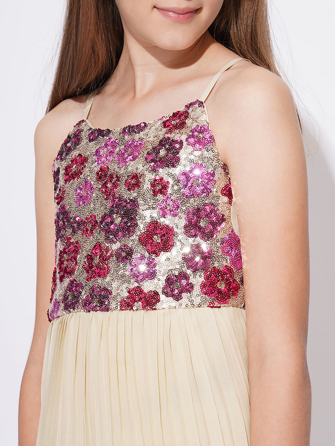 Girls Peach Embellished Pleated Dress