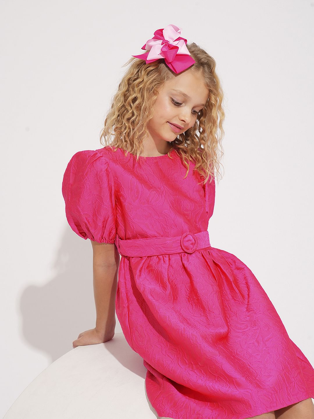 Girls Pink Jacquard Fit & Flare Dress