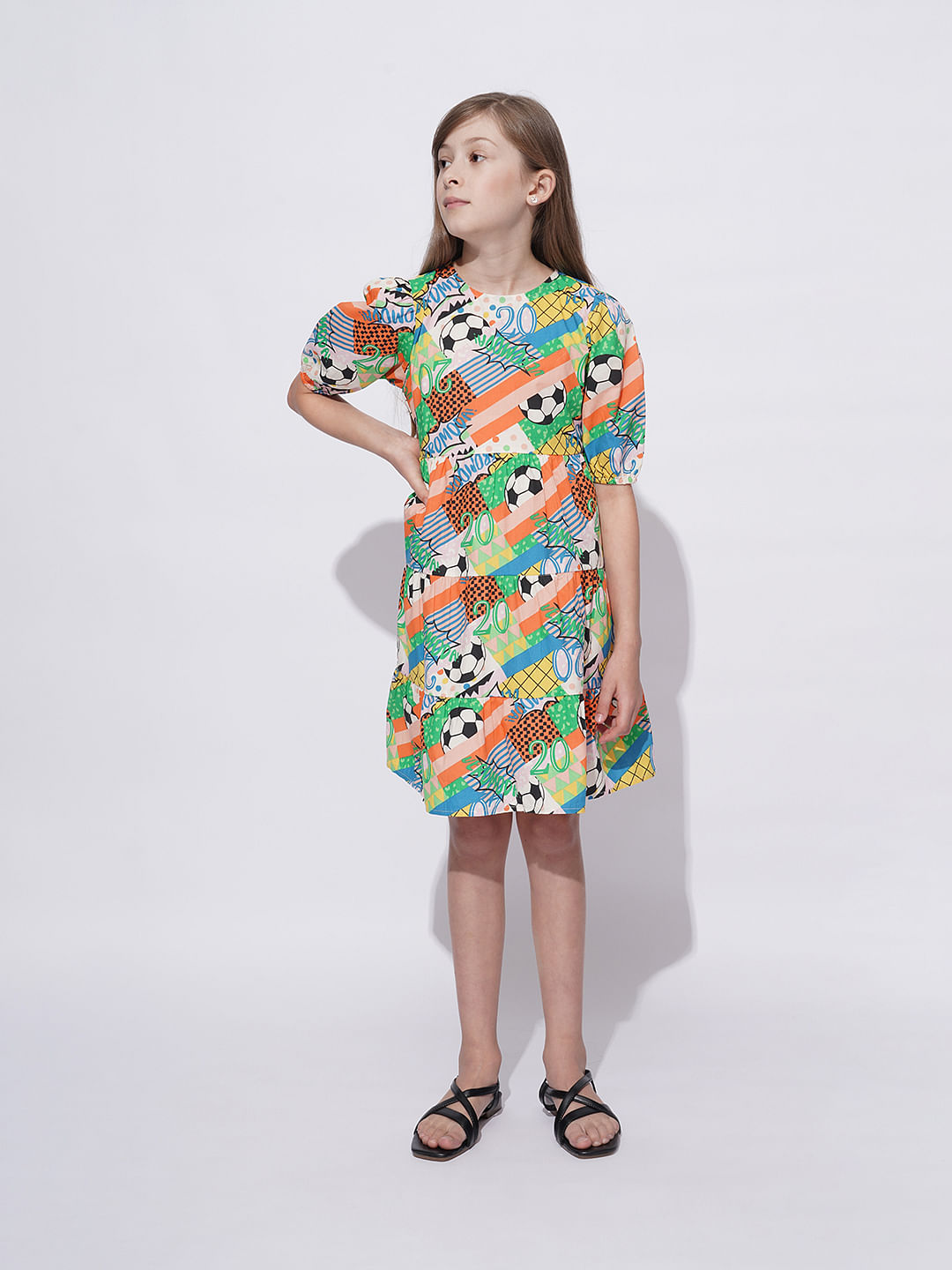 Girls Multi-Colour Printed Cotton Dress