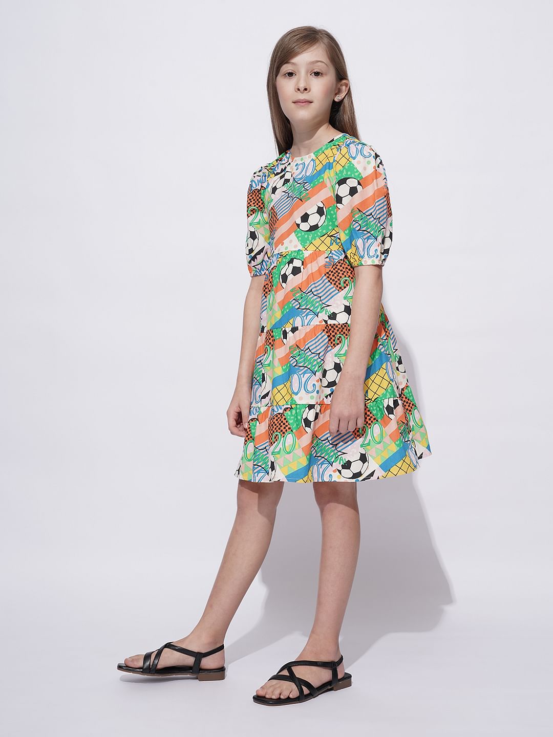 Girls Multi-Colour Printed Cotton Dress