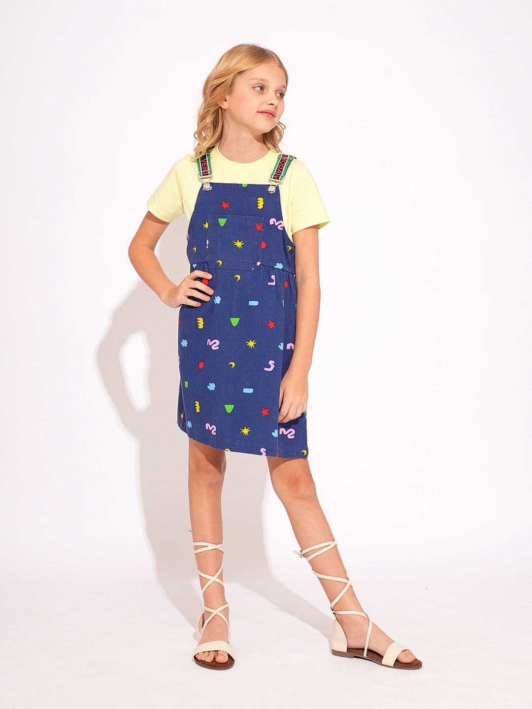 Girls Blue Printed Denim Dungaree