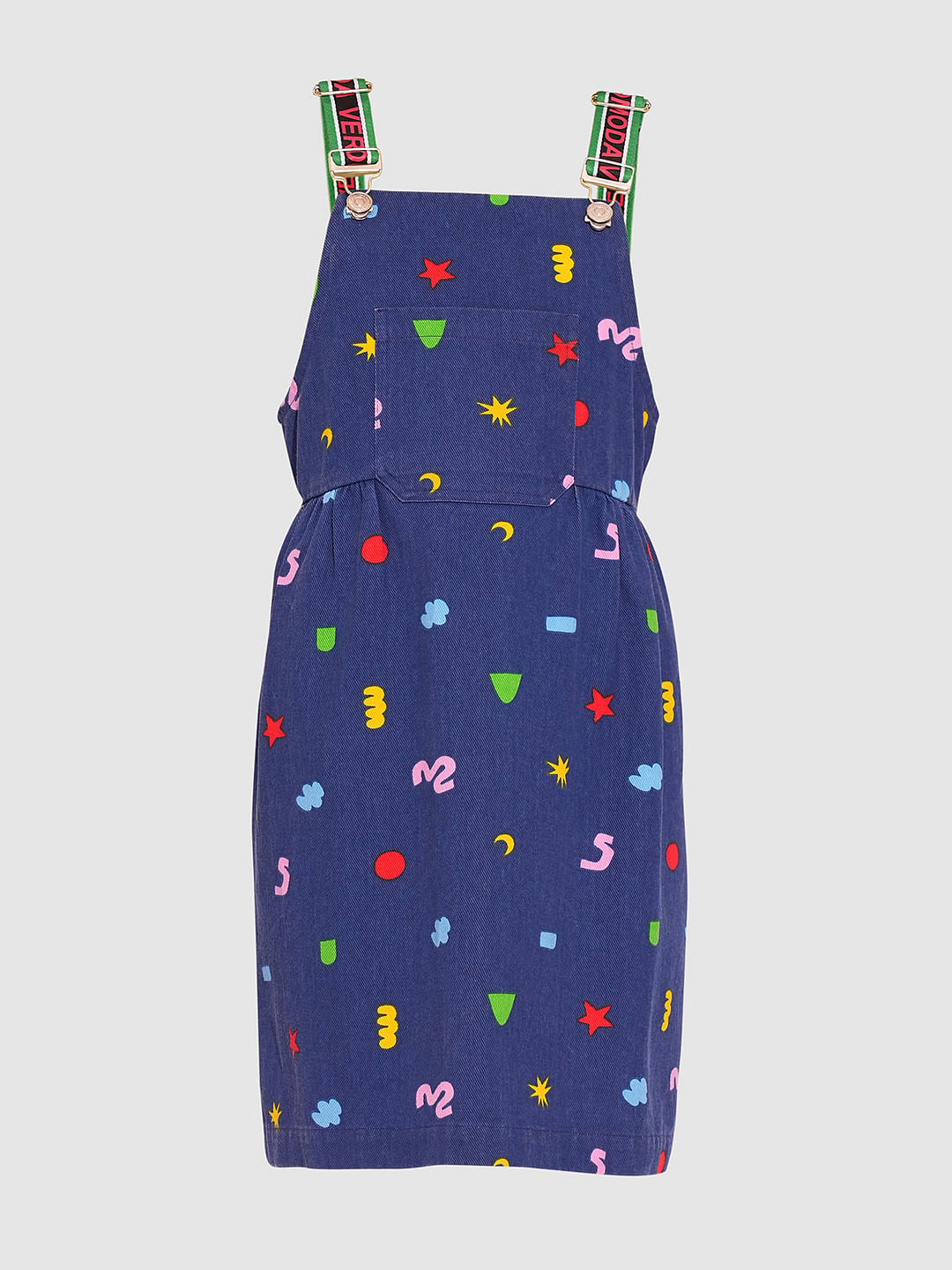 Girls Blue Printed Denim Dungaree