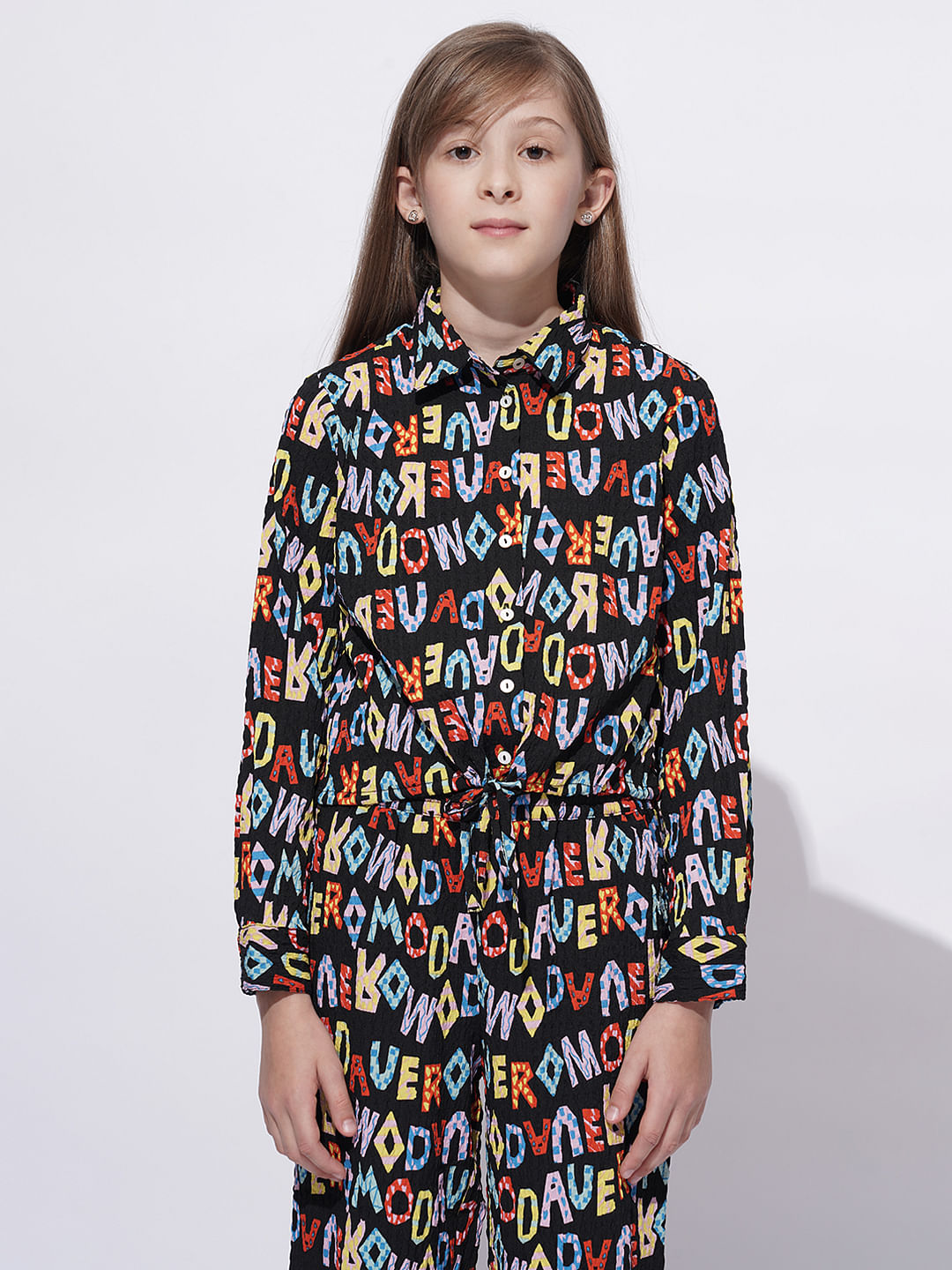 Girls Black Alphabet Print Co-Ord Set Shirt