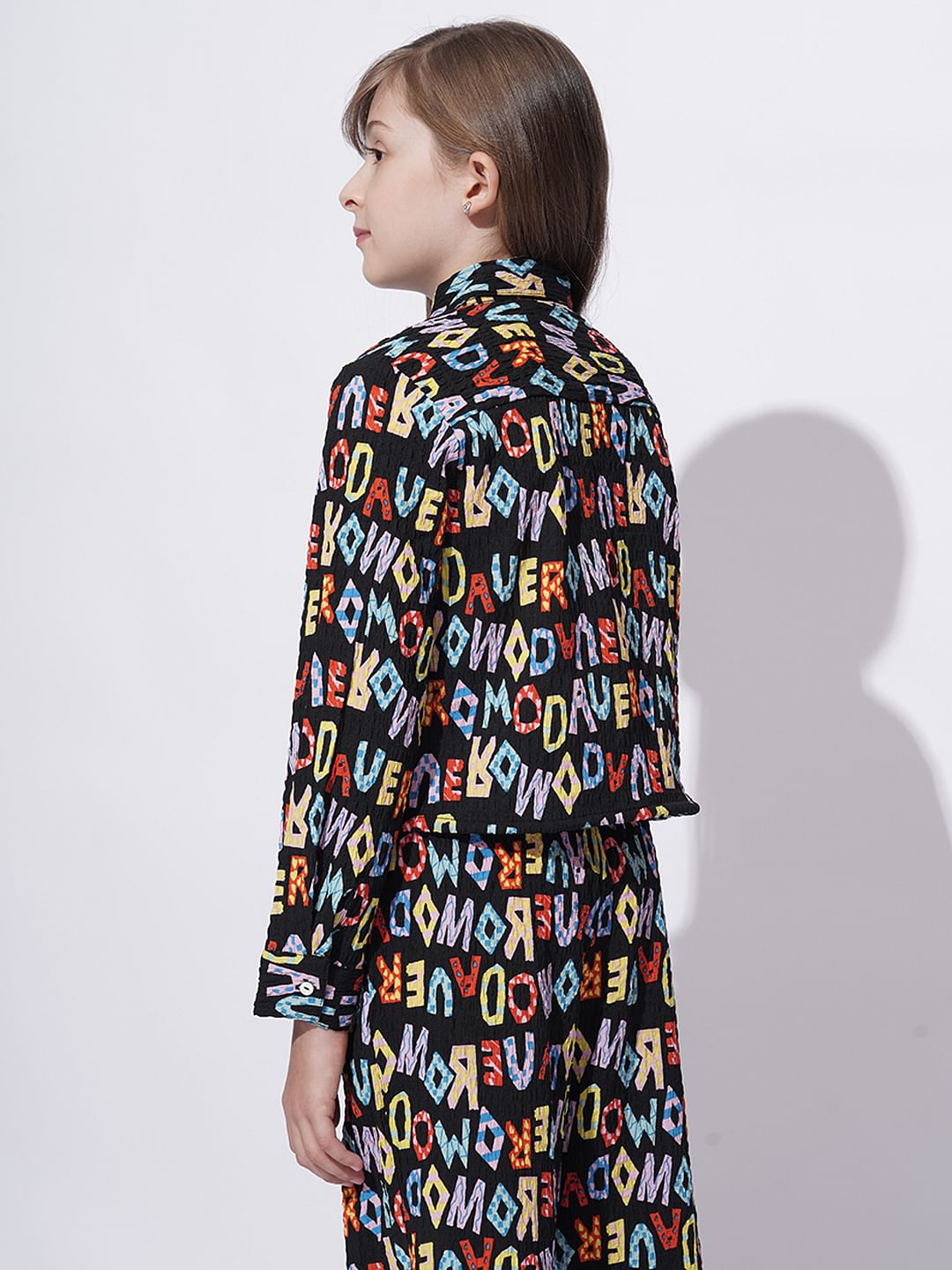 Girls Black Alphabet Print Co-Ord Set Shirt