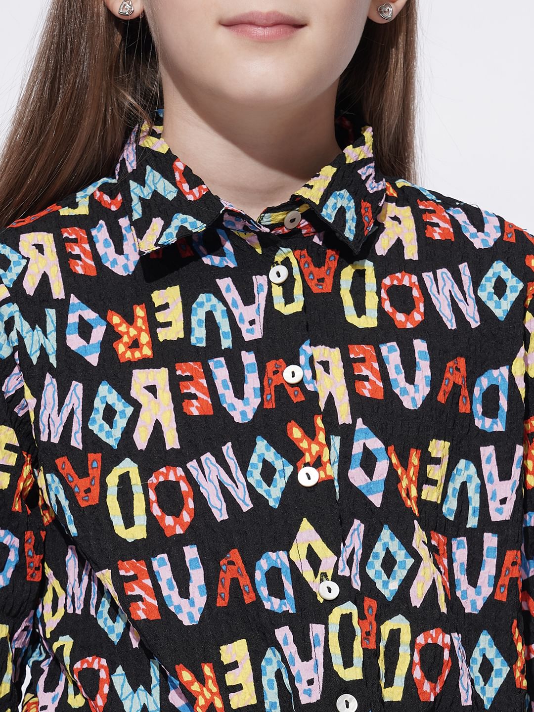 Girls Black Alphabet Print Co-Ord Set Shirt