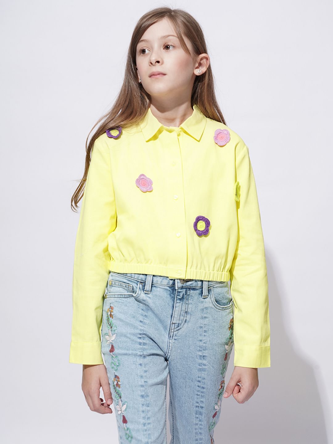 Girls Yellow Crochet Floral Patch Shirt