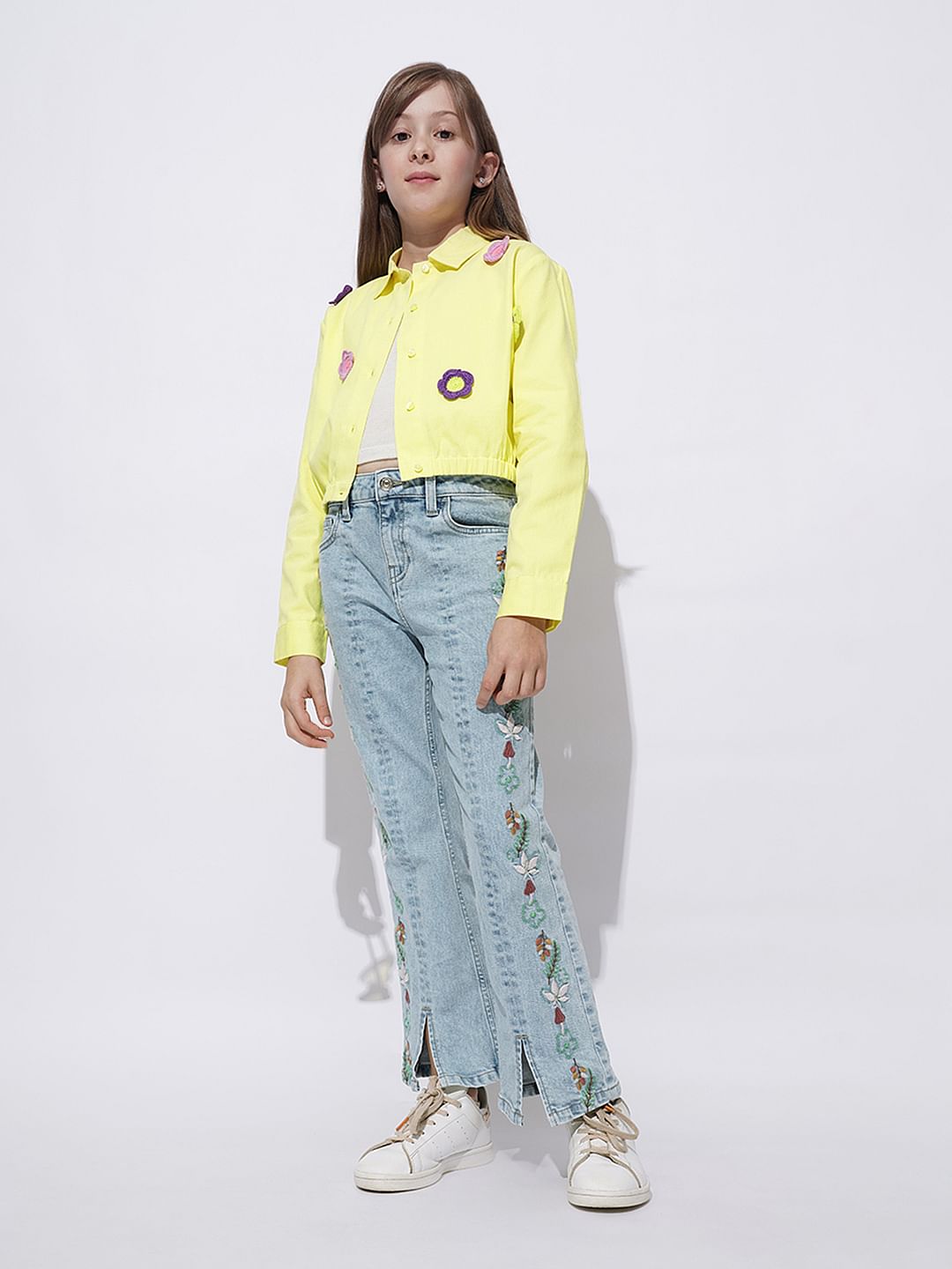 Girls Yellow Crochet Floral Patch Shirt