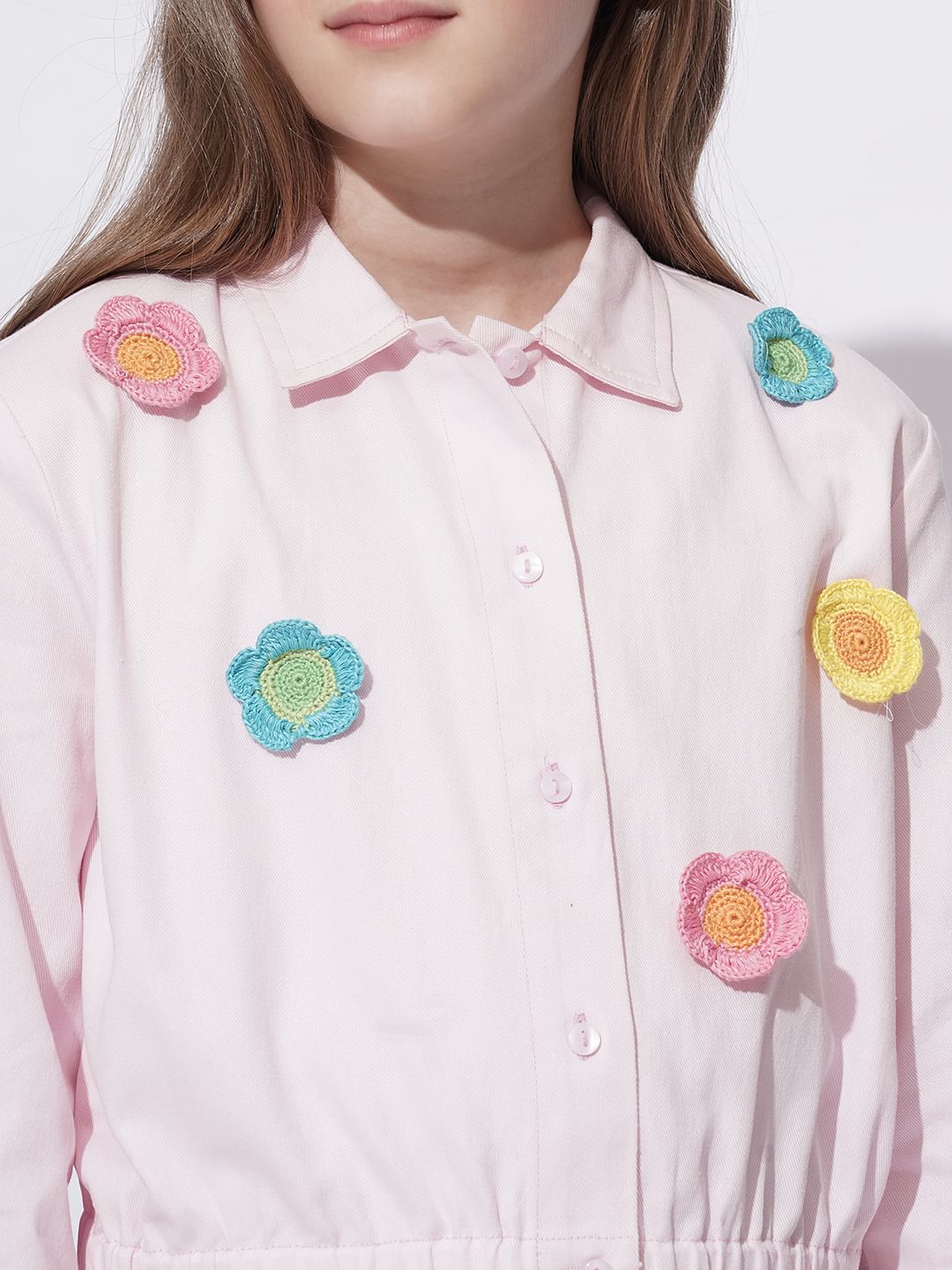 Girls Light Pink Crochet Floral Patch Shirt