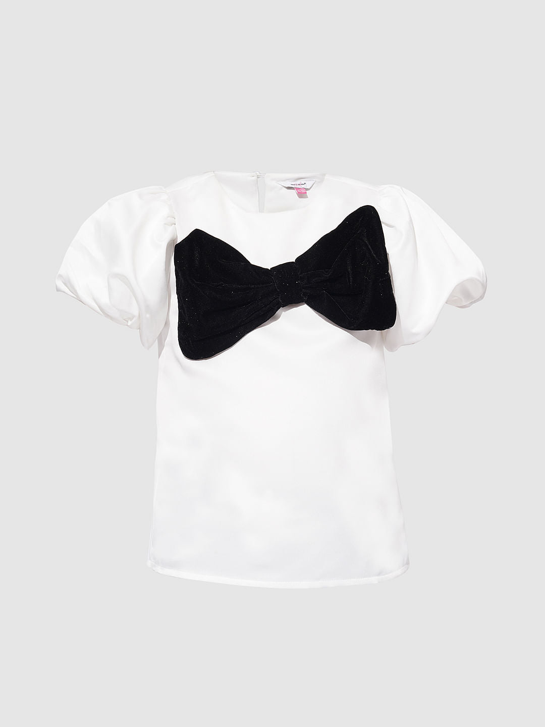 Girls White Velvet Bow Detail Top