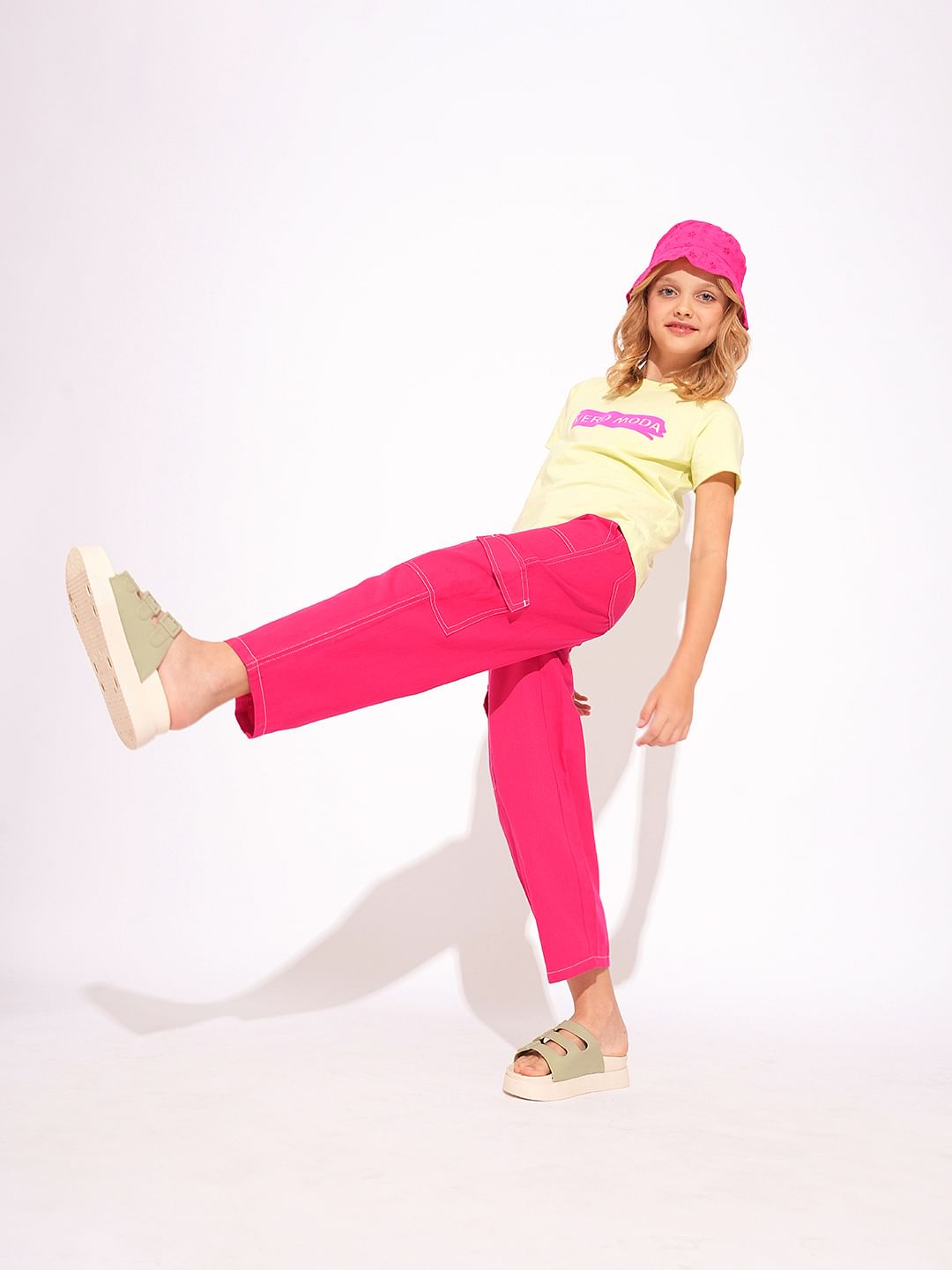 Girls Pink Contrast Stitch Straight Fit Pants - 4Y