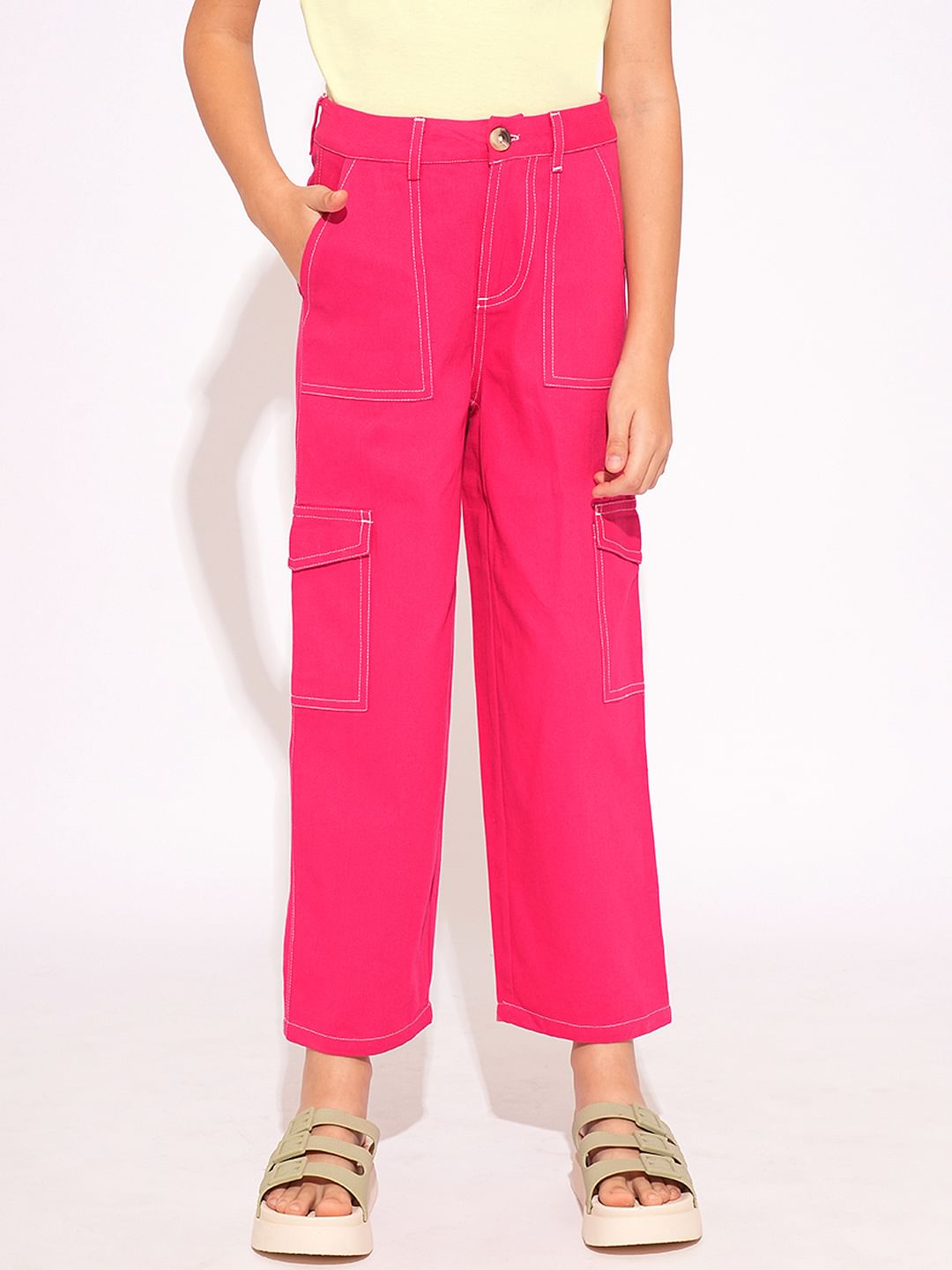 Girls Pink Contrast Stitch Straight Fit Pants
